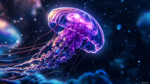 Jellyfish with a deep purple and blue glow, its body delicately drifting in clear waters with rays of sunlight filtering down.