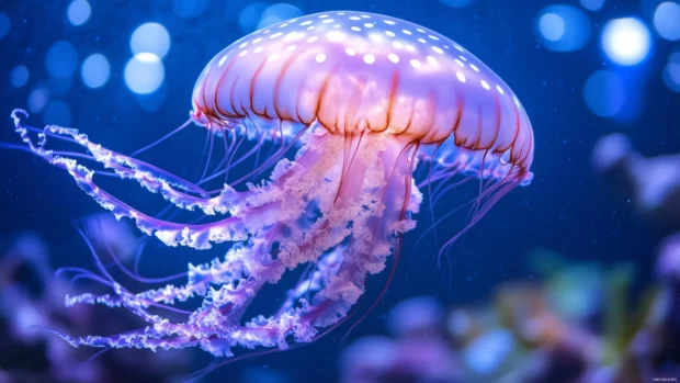 Jellyfish with soft pink and purple hues, gracefully floating and surrounded by delicate bubbles, illuminated by gentle underwater lighting.