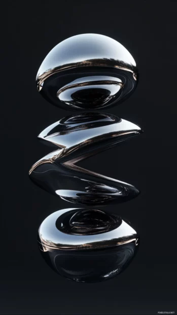 Jet black background with sleek chrome abstract shapes floating.