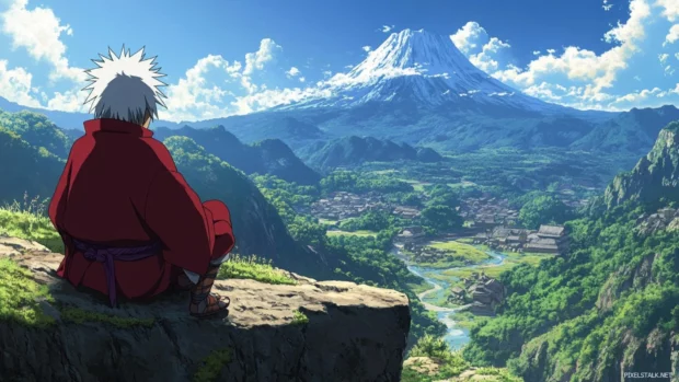 Jiraiya looking over the cliff with Mount Myoboku in view.