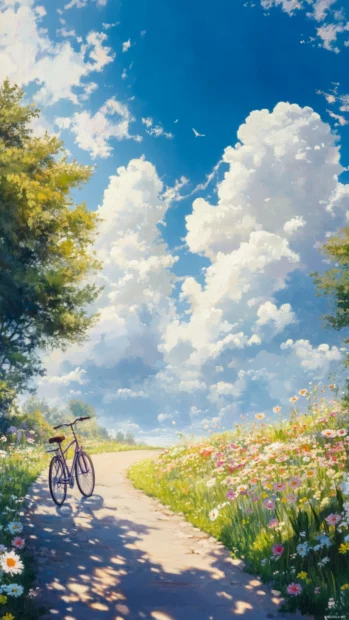 Joyful Summer Vibes fill a bicycle ride through flower lined country roads beneath a blue sky.