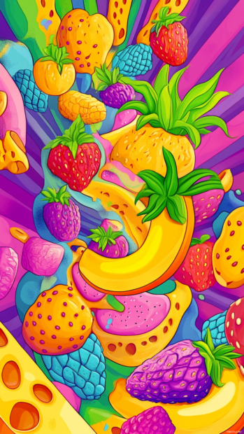 Jumping cartoon fruits spinning through psychedelic tunnels in a colorful trippy mess.