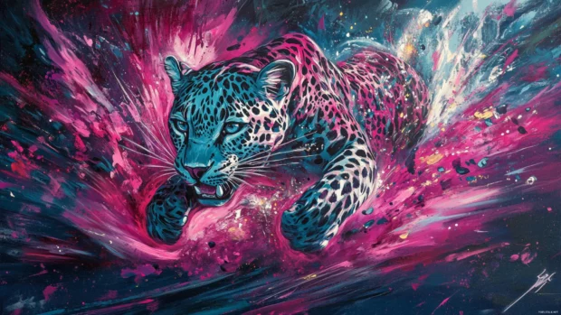 Jungle graffiti leopard running through bursts of magenta and cyan.