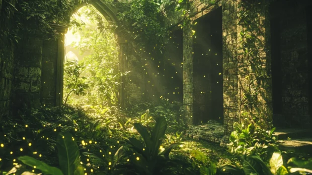 Jungle ruins being reclaimed by glowing, magical flora.
