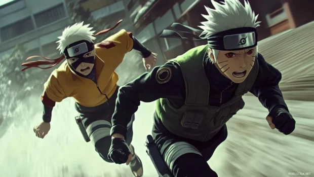 Kakashi and Gai challenging each other to a sprint race.