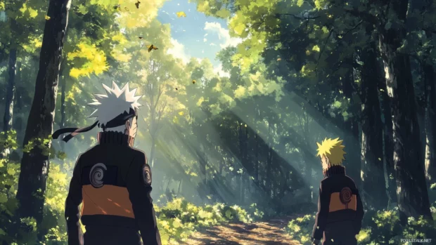 Kakashi and Naruto training in the woods, nostalgic anime Naruto desktop wallpaper.