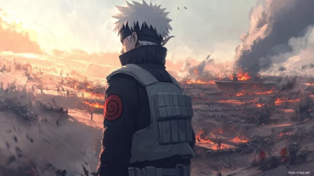 Kakashi standing over a battlefield with his Sharingan revealed.