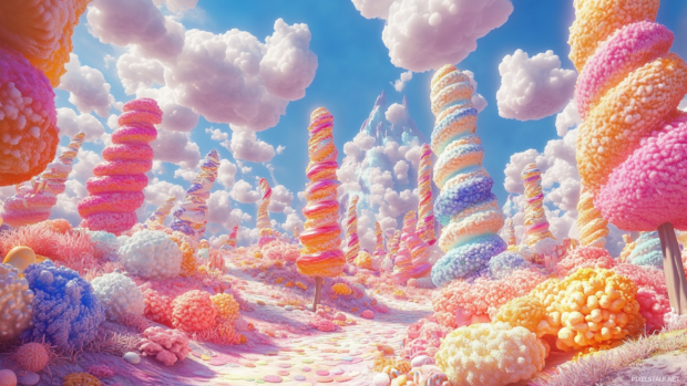 Kaleidoscopic cartoon forest with bright candy trees and spinning clouds, a fun trippy visual.