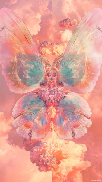 Kaleidoscopic insect wings spinning around soft pink skies in abstract trippy visuals.