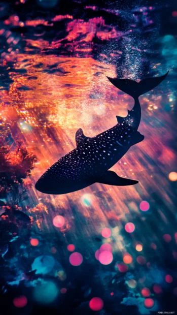 Kaleidoscopic underwater tones behind whale shark silhouette.