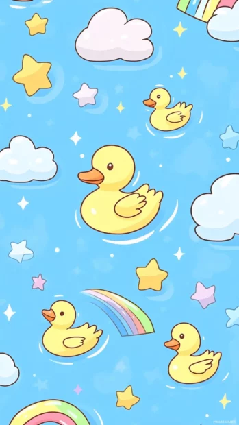 Kawaii Aesthetic Duck Wallpapers with tiny ducks inside stars, clouds and rainbows scattered evenly.