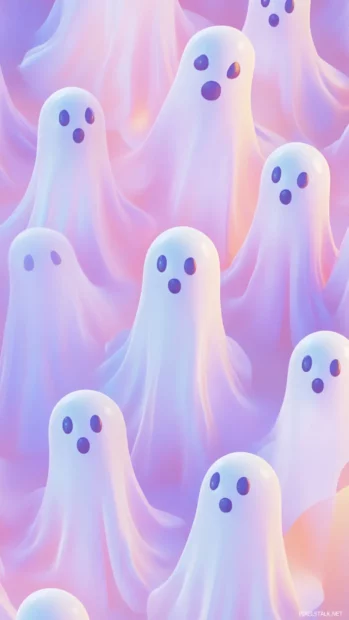 Kawaii Aesthetic Ghost Wallpapers showing symmetrical columns of ghosts in soft faded lavender tones.
