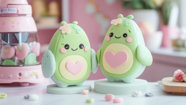 Kawaii avocado couple smiling with pastel hearts.