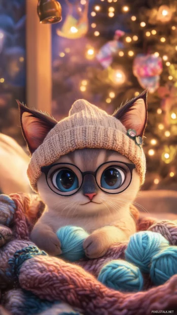 Kawaii cat wearing a tiny hat and glasses, playing with yarn balls in a cozy room filled with pastel decorations.