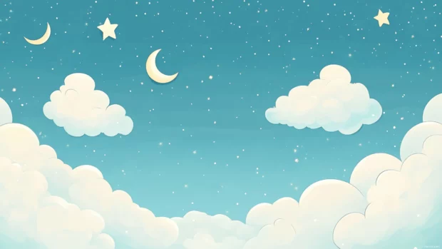 Kawaii clouds and crescent moons floating across a light blue gradient background, perfect cute pc wallpapers.