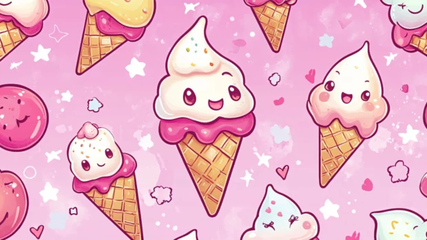 Kawaii ice cream cones forming a seamless wallpaper.