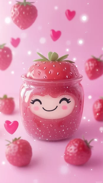 Kawaii jam jar, smiling face, strawberry lid, floating strawberries, heart sparkles.
