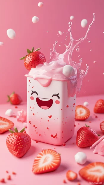 Kawaii milk carton, happy face, strawberry slices, milk splashes, pink gradient.