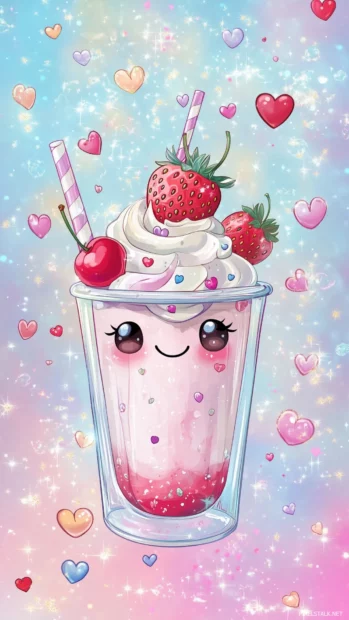 Kawaii milkshake, happy face, whipped cream, cherry, strawberry, sparkles, pastel dots.