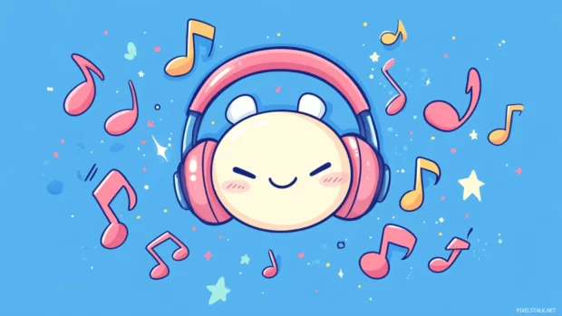 Kawaii music wallpaper, Illustration of headphones surrounded by dancing notes.