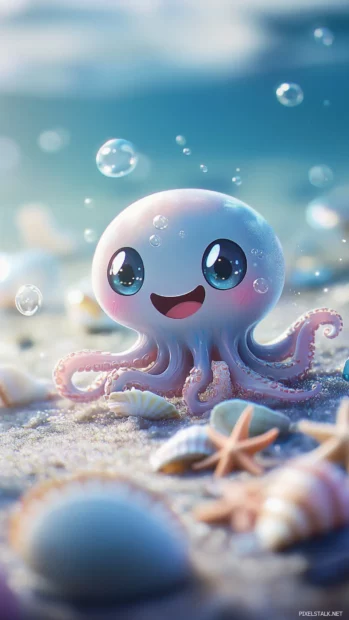 Kawaii octopus playing with seashells and starfish on the ocean floor, with big, sparkling eyes and a joyful grin.