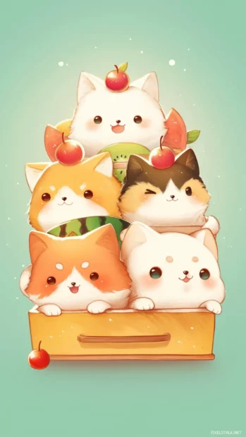 Kawaii pets wearing fruit costumes in animated cute cartoon wallpapers.