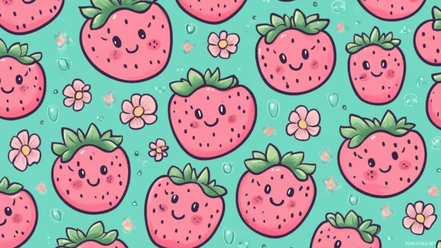 Kawaii pink strawberries, smiling faces, tiny flowers, pastel pink, mint green accents, simple lines.
