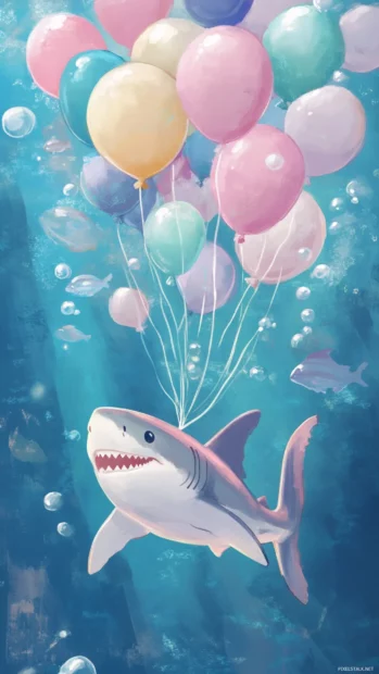 Kawaii shark floating with pastel balloons underwater.