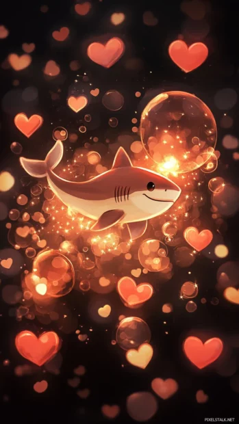 Kawaii shark surrounded by heart bubbles and glowing lights.