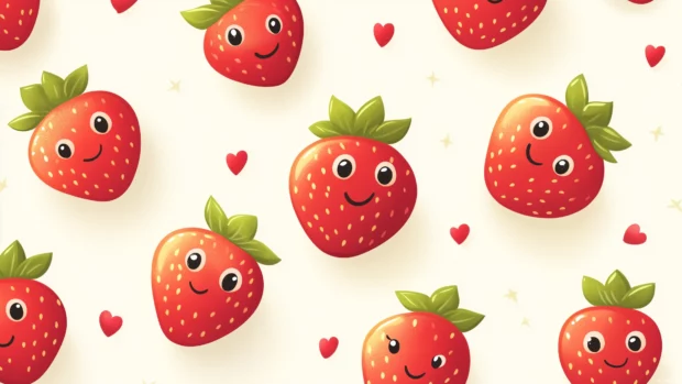 Kawaii strawberries with faces, cartoon eyes, diagonal layout, pastel cream background, simple lines.