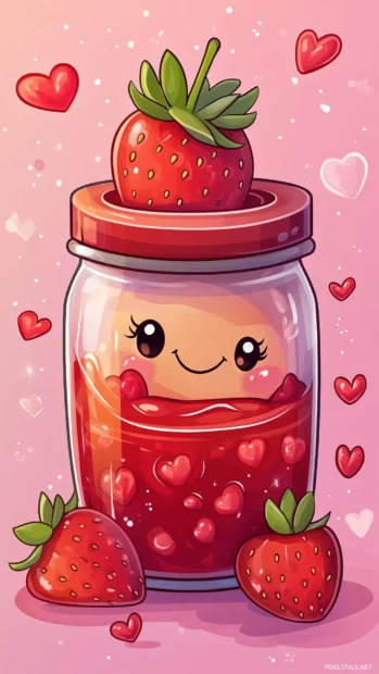 Kawaii strawberry jar filled with strawberry jam, smiling face on the jar and a strawberry shaped lid, surrounded by floating strawberries and heart sparkles.