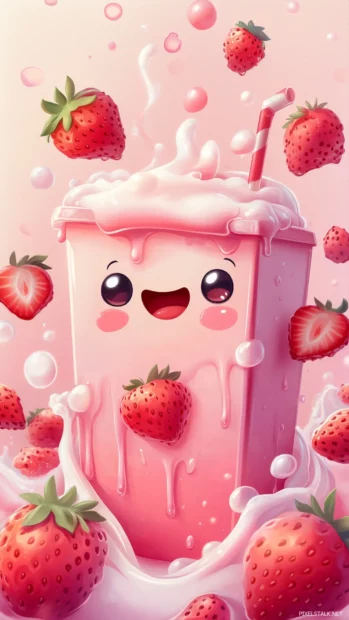 Kawaii strawberry milk carton with a happy face, surrounded by strawberry slices and splashes of strawberry milk, pastel pink background with a soft gradient.