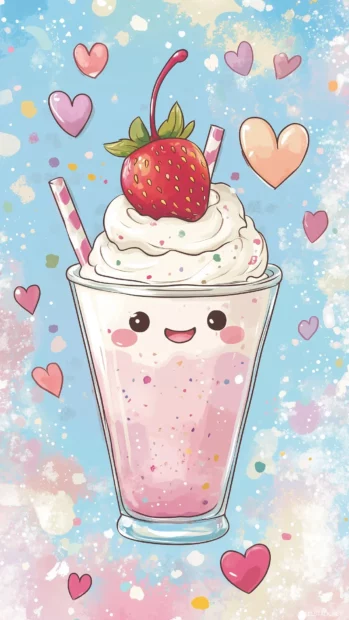 Kawaii strawberry milkshake in a glass cup with a face, topped with whipped cream, a cherry, and a strawberry surrounded by sparkles, hearts, and pastel dots.