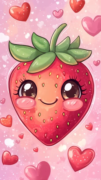Kawaii strawberry with a smiling face, sparkling eyes, and pastel hearts around it, soft pink background.