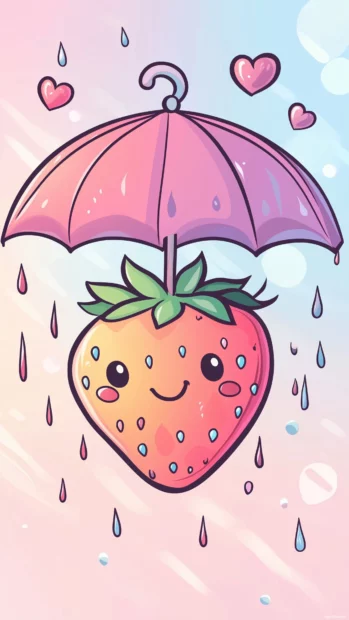 Kawaii strawberry with umbrella, pastel raindrops, hearts, pink blue gradient background.