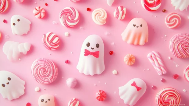 Kawaii style Pink Ghost Wallpapers with ghosts wearing bows and surrounded by candies.