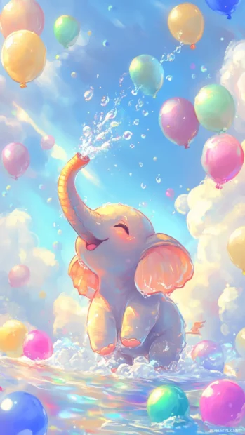 Kawaii style elephant spraying water from its trunk, surrounded by colorful balloons and a sunny sky.