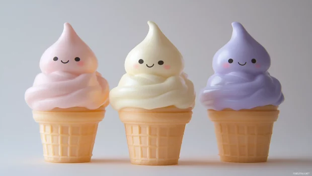 Kawaii style ice cream cone with smiling faces in pastel colors.