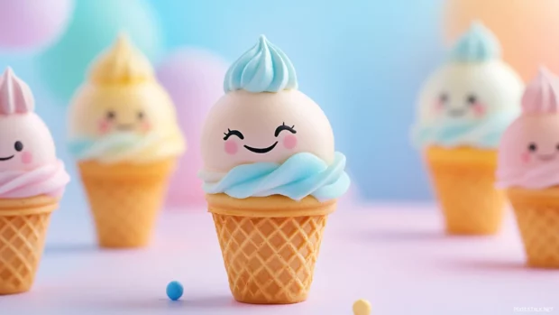 Kawaii style ice cream cone with smiling faces in pastel colors.