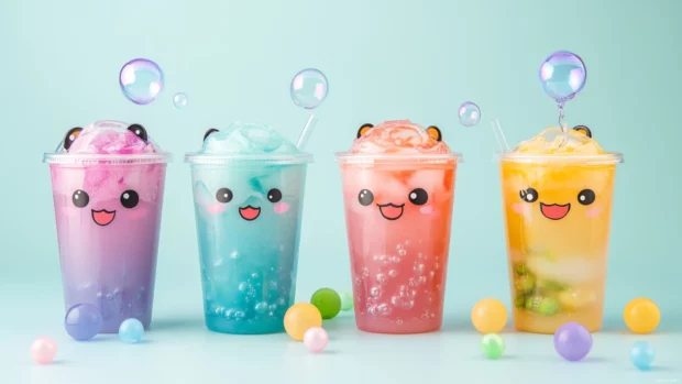 Kawaii style milk tea cup with cute animal faces and pastel bubbles.
