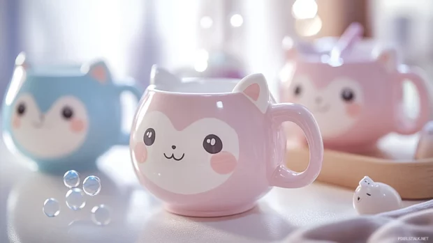 Kawaii style milk tea cup with cute animal faces and pastel bubbles.