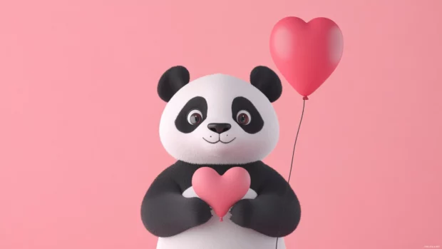 Kawaii style panda holding a tiny heart balloon, pastel color palette.