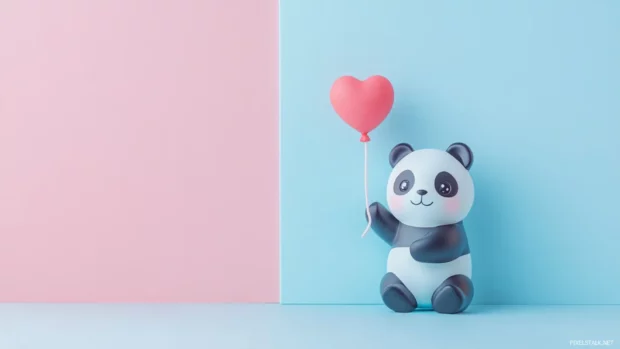 Kawaii style panda holding a tiny heart balloon, pastel color palette.