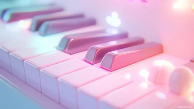 Kawaii style piano keys glowing in soft pastel hues, Cute cartoon music instruments.