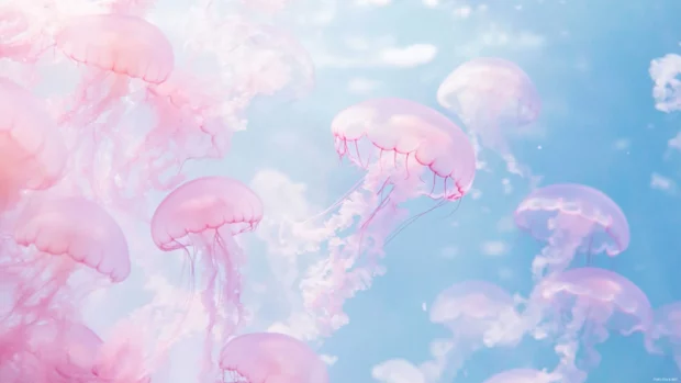 Kawaii style pink jellyfish floating in a soft underwater scene.