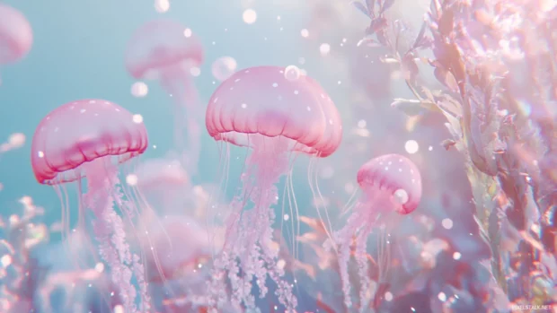 Kawaii style pink jellyfish floating in a soft underwater scene.