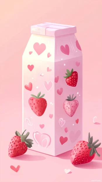 Kawaii style pink strawberry milk carton with cute heart doodles.