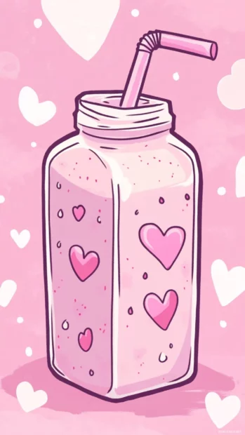 Kawaii style pink strawberry milk carton with cute heart doodles.