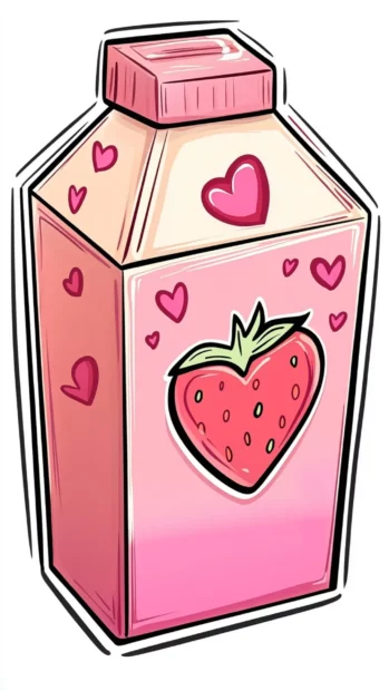 Kawaii style pink strawberry milk carton with cute heart doodles.