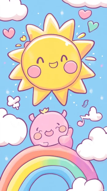 Kawaii style smiling sun with happy clouds and pastel rainbow.